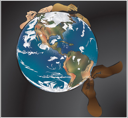 Illustration of the Earth being sewn together by three sets of hands of different colors